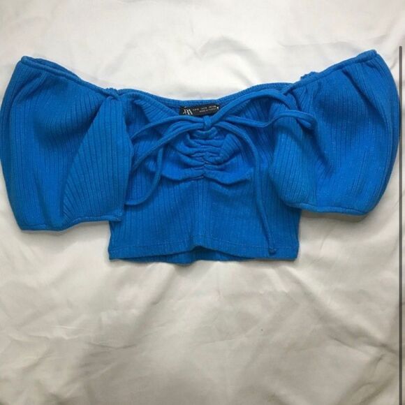 NWT New Zara Blue Ribbed Crop Top Size Large - Picture 2 of 5